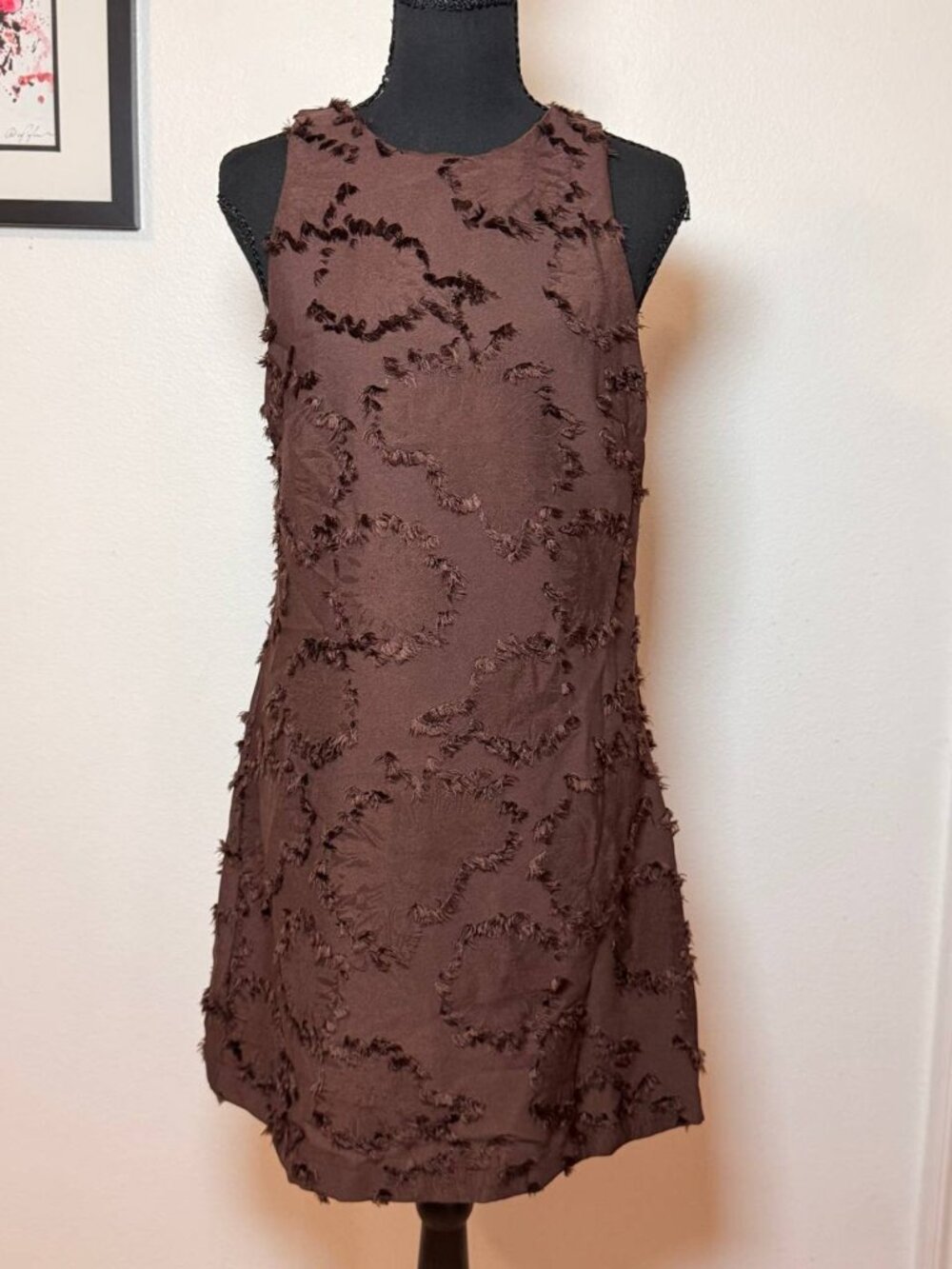 Zara Chocolate Brown Fringe Textured Mini Shift Dress 60s Mod Retro Boho Chic M